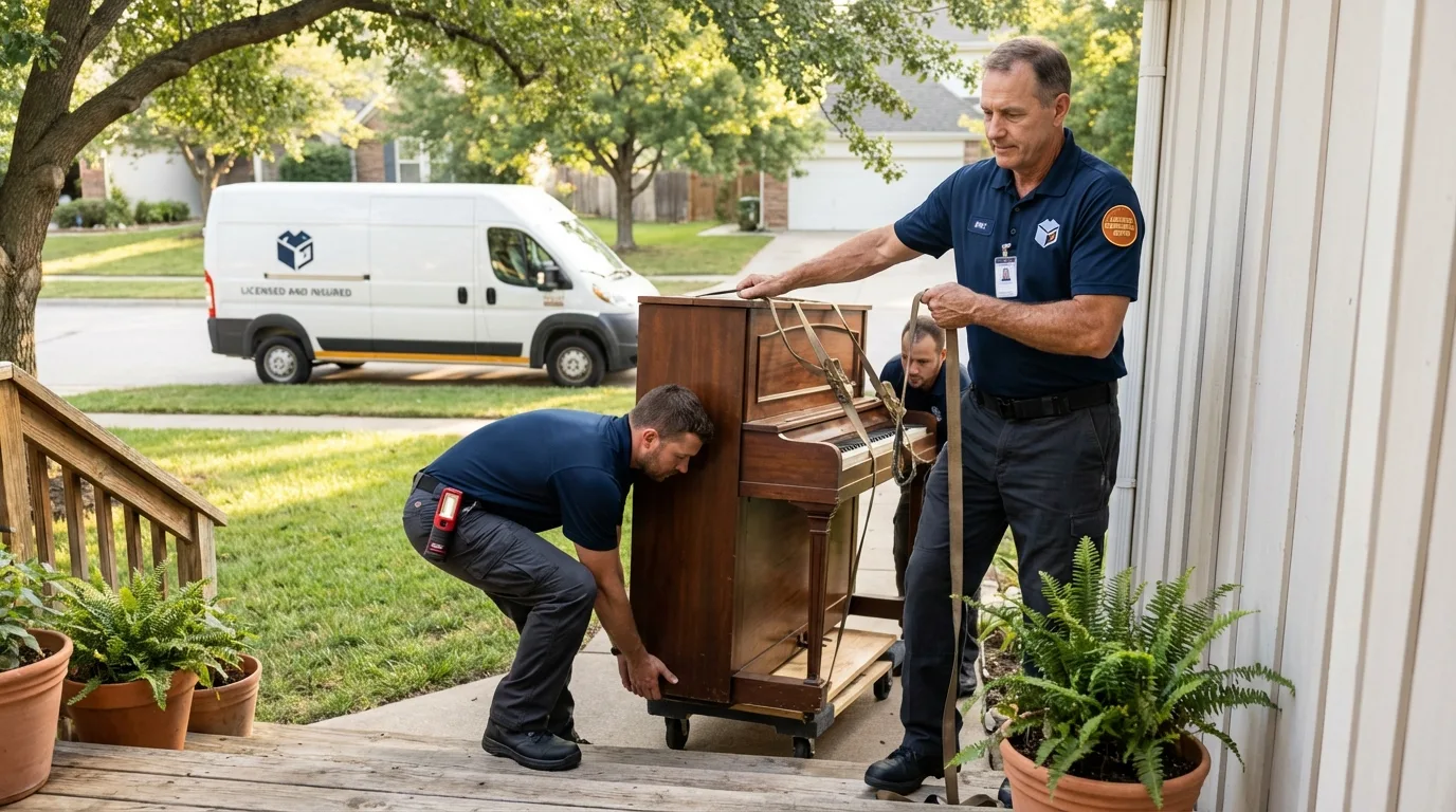 Licensed piano movers securing grand piano in Charlottesville, VA