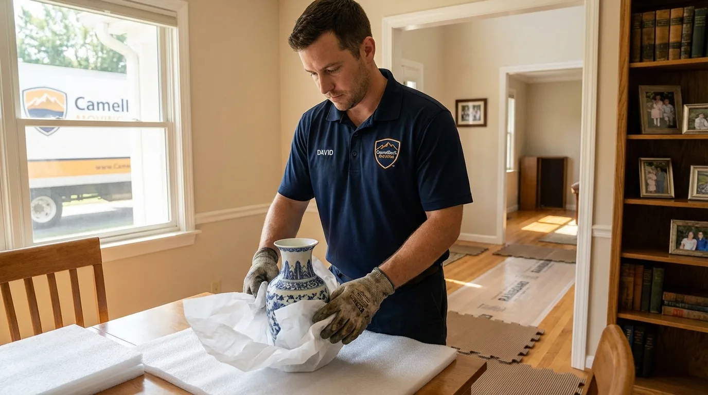 Professional crew carefully wrapping antique vase for senior downsizing move in Charlottesville, VA
